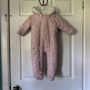 Baby Girls Pink Hooded Snowsuit 6-9M Faux Fur Lined Warm Winter Pramsuit Bunty
